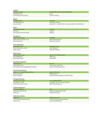 Logistik
Logivations GmbH                           W2MO(r) Web to Modelling & Optimization
GeoMobile GmbH                             ivanto
TomTom Business Solutions                  TomTom ecoPLUS


Mobile
Shopgate GmbH                              Shopgate
TouristMobile GmbH                         MyTravelCompanion
impactit GmbH                              portatour® - mobile Echtzeit-Tourenplanung für den Außendienst


Office
diron GmbH & Co. KG                        viaprinto
arsmedia                                   cokanto
Francotyp-Postalia Holding AG              webpost


On-Demand
UPPER Network GmbH                         MARMIND
gogol medien GmbH & Co. KG                 gogol PublishingCloud
Axes Systems AG                            axpand on Demand


Online-Marketing
WebMedian GmbH                             WebMedian-Inside
Smarter Ecommerce GmbH                     smec AdEngine
optivo GmbH                                optivo® broadmail


Open Source
openthinclient GmbH                        openthinclient Software Suite
SECTOR NORD AG                             SNAG-View
betterFORM Project                         betterFORM


Qualitätsmanagement
GigaTag GmbH                               Nano ID
Virtual Forge GmbH                         Virtual Forge CodeProfiler
GFB Softwareentwicklungsgesellschaft mbH   Q-up Der Testdatengenerator


Server/Virtualisierung
Kaviza, Inc.
Kaviza Inc c/o wiora Software Partners     Kaviza VDi-in-a-box
DataCore Software                          SANsymphony-V
Veeam Software                             Veeam Backup & Replication v5 with vPower


Storage/Netzwerke
Cremax Europe GmbH                         Icy Dock MB982SPR-2S
Consolidate IT GmbH                        GreenBytes Series X Storage Appliance
Silver Peak Systems GmbH                   VRX-8 Virtual Appliance


Systemmanagement
TA Triumph-Adler AG                        KIRK
DeskCenter Solutions AG                    DeskCenter Management Suite
Libelle AG                                 Libelle SystemCopy

Telekommunikation
AVM GmbH                                   FRITZ!Box 6840 LTE
comlet Verteilte Systeme GmbH              Positionsbestimmungskomponente
Comarch AG                                 Comarch M2M Platform
 