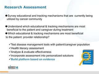 Research Assessment
Survey educational and tracking mechanisms that are currently being
utilized by cancer community
Und...