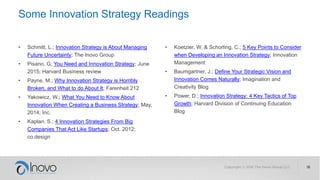 Some Innovation Strategy Readings
• Schmitt, L.; Innovation Strategy is About Managing
Future Uncertainty; The Inovo Group
• Pisano, G; You Need and Innovation Strategy; June
2015; Harvard Business review
• Payne, M.; Why Innovation Strategy is Horribly
Broken, and What to do About It; Farenheit 212
• Yakowicz, W.; What You Need to Know About
Innovation When Creating a Business Strategy; May,
2014; Inc.
• Kaplan, S.; 4 Innovation Strategies From Big
Companies That Act Like Startups; Oct. 2012;
co.design
• Koetzier, W. & Schorling, C.; 5 Key Points to Consider
when Developing an Innovation Strategy; Innovation
Management
• Baumgartner, J.; Define Your Strategic Vision and
Innovation Comes Naturally; Imagination and
Creativity Blog
• Power, D.; Innovation Strategy: 4 Key Tactics of Top
Growth; Harvard Division of Continuing Education
Blog
 
