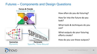 Futures – Components and Design Questions
Forces & Trends
Scenarios Forecasts
How often do you do futuring?
How far into the future do you
look?
What tools & techniques do you
use?
What outputs do your futuring
efforts create?
How do you use those outputs?
 