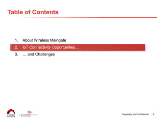 6Proprietary and Confidential
Table of Contents
1. About Wireless Maingate
2. IoT Connectivity Opportunities…
3. … and Cha...