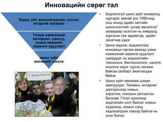 Инновацийн сөрөг тал
                                 •   Бодлогогүй шинэ зүйл хохиролд
Буруу үйл ажиллагаанаас үүссэн       хүргэдэг, манай улс 1990-иэд
       илэрхий хохирол               оны эхэнд эдийн засгийн
                                     шинэчлэлтийг цочир эмчилгээ”
                                     загвараар эхэлсэн нь хямралд
      Үлэмж хэмжээний                хүргэсэн гэж эрдэмтэд, эдийн
      материал, санхүү,              засагчид үздэг
       хүний нөөцийн
      хөрөнгө оруулалт           •   Шинэ мэдлэг, мэдээллээс
                                     инноваци гаргаж авахад үэмж
                                     хэмжээний хөрөнгө оруулалт
         шинэ зүйл                   шаарддаг нь мэдээллийн
       өмнөхийг шахна                технологи, биотехнологи, наноте
                                     хнологи зэрэг түргэн хөгжиж
                                     байгаа салбарт ажиглагдаж
                                     байна
                                 •   Шинэ зүйл өмнөхөө шахан
                                     зайлуулдаг. Телевиз, интернет
                                     дэлгэрснээр номын
                                     хэрэглээ, театрын үйлчилгээ
                                     багасав. Гэтэл одоогоор
                                     мэдлэгийн үнэт баялаг номын
                                     хуудсанд, номын санд
                                     хадгалагдсан хэвээр байгаа нь
                                     үнэн билээ
 