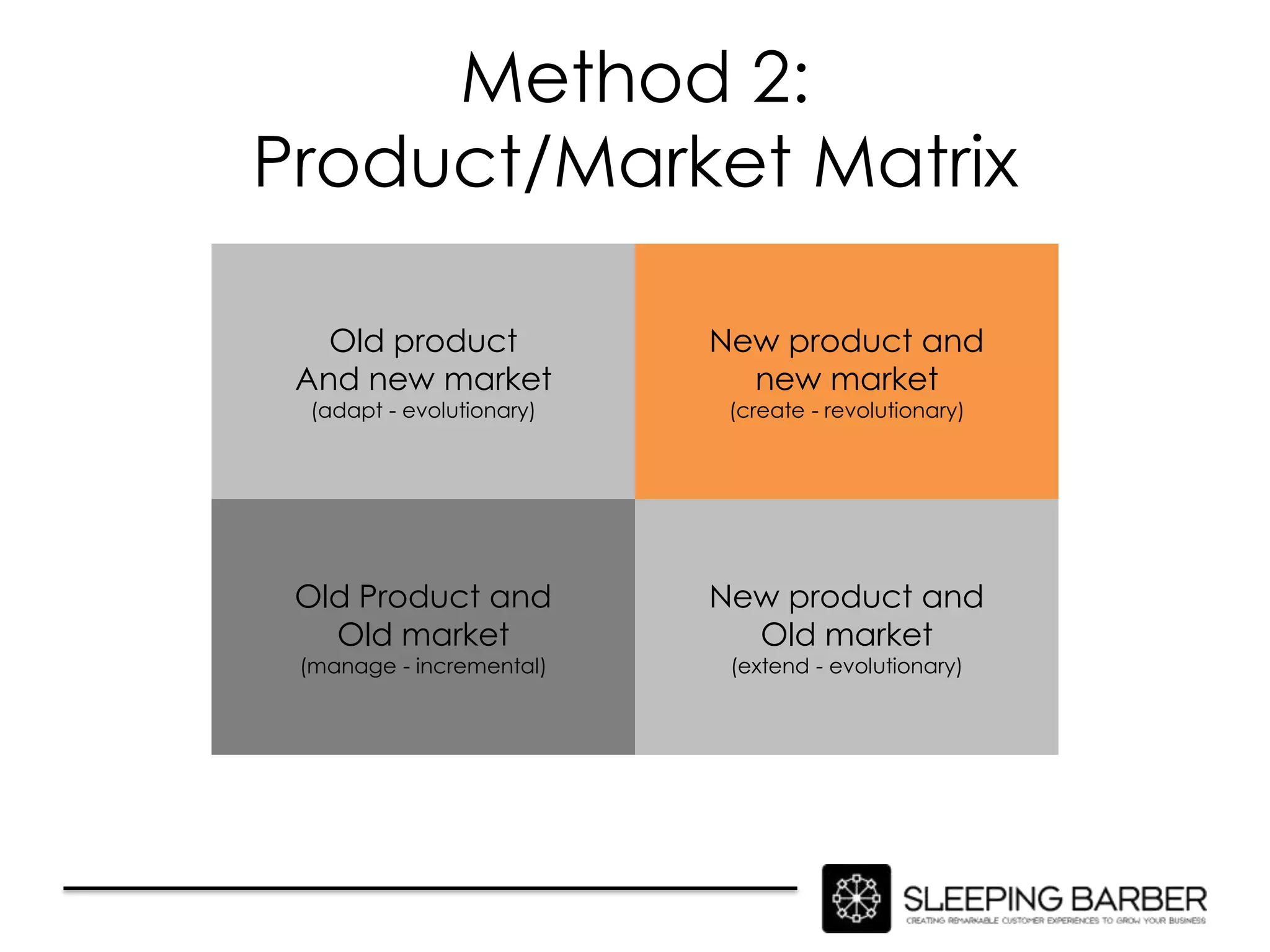 Method 2:
Product/Market Matrix

   Old product            New product and
 And new market             new market
 (adapt - evolutionary)    (create - revolutionary)




 Old Product and          New product and
   Old market               Old market
 (manage - incremental)    (extend - evolutionary)
 