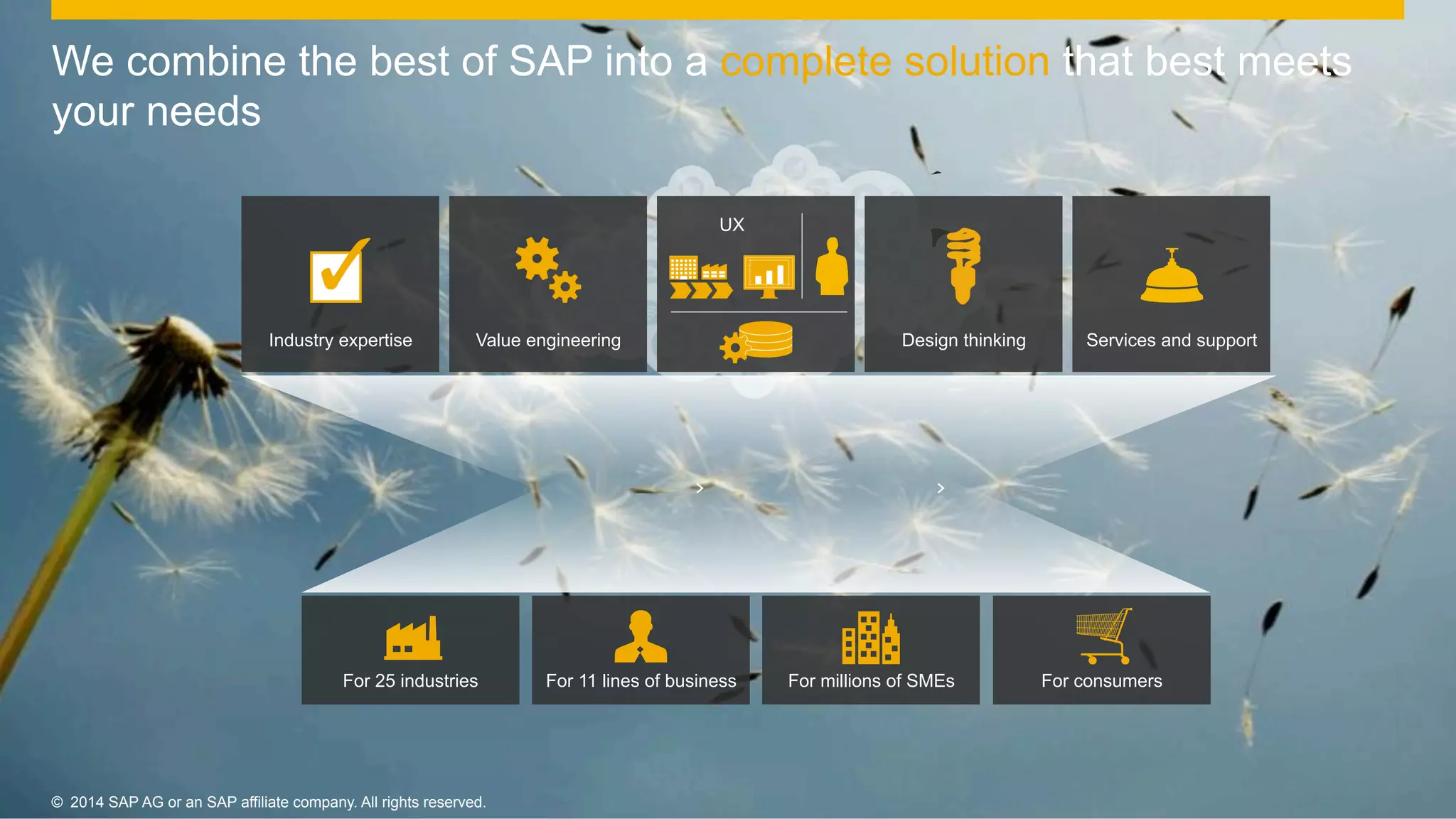 15©  2014 SAP AG or an SAP affiliate company. All rights reserved.
We combine the best of SAP into a complete solution that best meets
your needs
©  2014 SAP AG or an SAP affiliate company. All rights reserved.
For 11 lines of business For millions of SMEsFor 25 industries For consumers
Services and supportIndustry expertise
UX
Design thinkingValue engineering
 