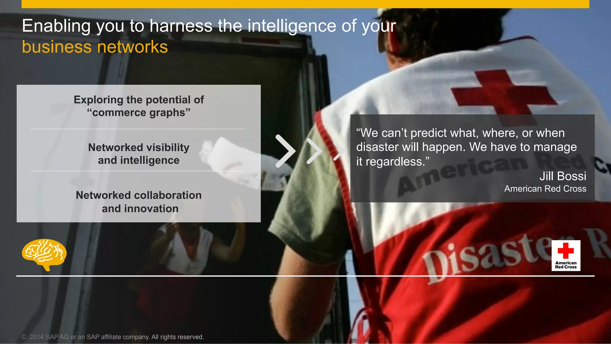 33©  2014 SAP AG or an SAP affiliate company. All rights reserved.©  2014 SAP AG or an SAP affiliate company. All rights reserved.
Enabling you to harness the intelligence of your
business networks
Exploring the potential of
“commerce graphs”
Networked visibility
and intelligence
Networked collaboration
and innovation
“We can’t predict what, where, or when
disaster will happen. We have to manage
it regardless.”
Jill Bossi
American Red Cross
 
