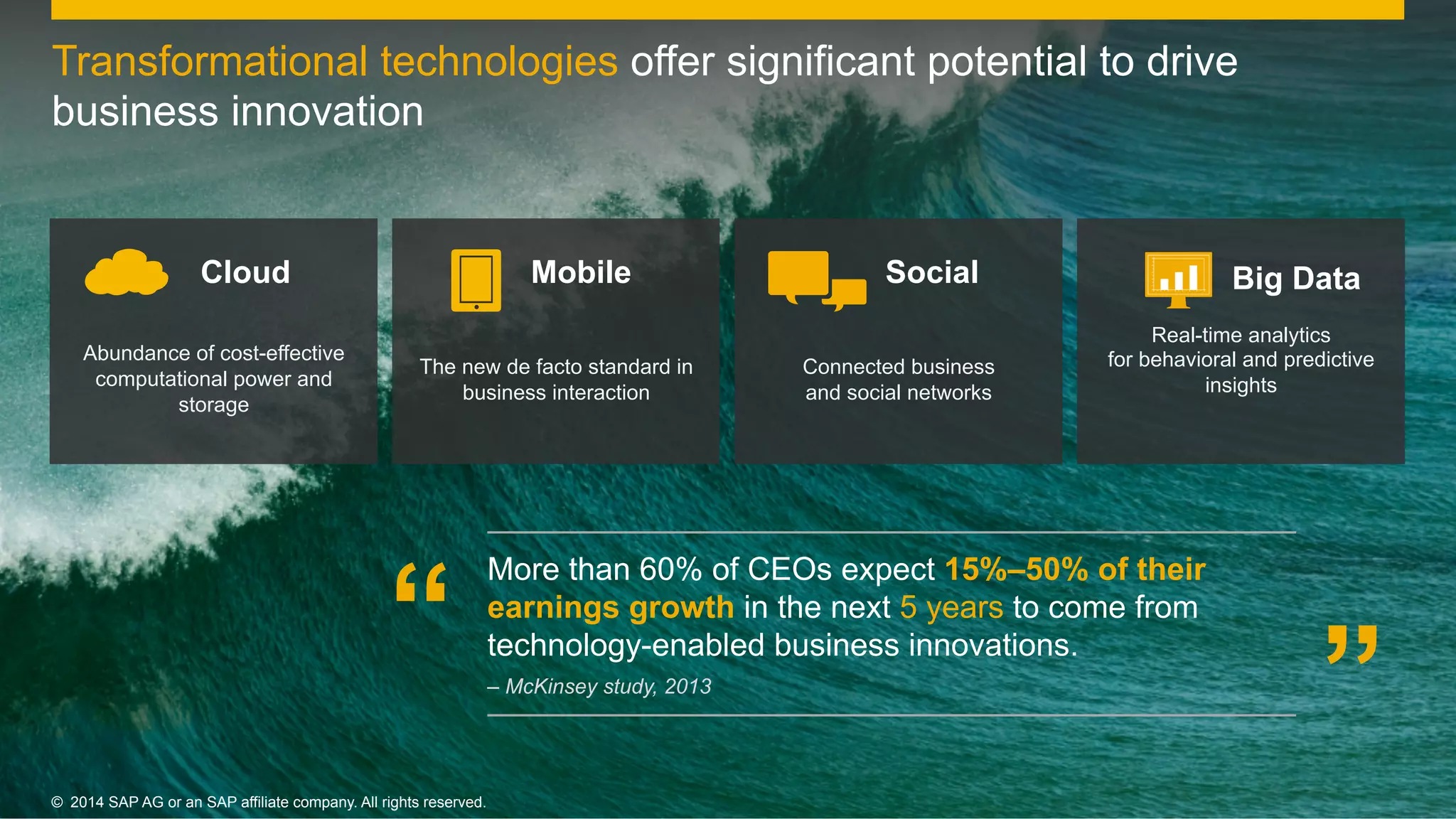 4©  2014 SAP AG or an SAP affiliate company. All rights reserved.
Cloud
Abundance of cost-effective
computational power and
storage
Mobile
The new de facto standard in
business interaction
Social
Connected business
and social networks
Big Data
Real-time analytics
for behavioral and predictive
insights
More than 60% of CEOs expect 15%–50% of their
earnings growth in the next 5 years to come from
technology-enabled business innovations.
– McKinsey study, 2013
”“
©  2014 SAP AG or an SAP affiliate company. All rights reserved.
Transformational technologies offer significant potential to drive
business innovation
 