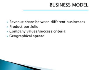 BUSINESS MODEL







Revenue share between different businesses
Product portfolio
Company values/success criteria
Geographical spread

 