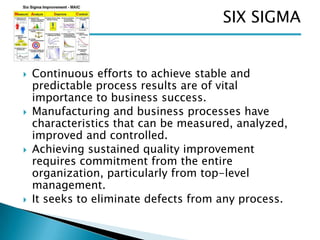 SIX SIGMA









Continuous efforts to achieve stable and
predictable process results are of vital
importance to business success.
Manufacturing and business processes have
characteristics that can be measured, analyzed,
improved and controlled.
Achieving sustained quality improvement
requires commitment from the entire
organization, particularly from top-level
management.
It seeks to eliminate defects from any process.

 