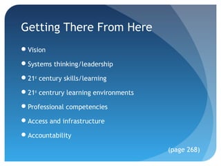 Getting There From Here
Vision

Systems thinking/leadership

21st century skills/learning

21st centrury learning environments

Professional competencies

Access and infrastructure

Accountability

                                       (page 268)
 