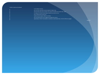 In 2009, the mobile world celebrated;

                                        Its four billionth connection

                                        Over one trillion unique URLs have been registered in Google’s index

                                        There have been nearly sixty-one million views to date of the YouTube most-watched video, Guitar

                                        On average, nine hundred thousand blogs are posted every twenty-four hours

                                        Over 2.5 billion tweets have been sent

                                        YouTube was sold to Google in 2006 for $1.65 billion

                                        Over one hundred million users are logging onto Facebook every day and

                                        Approximately 2.6 billion minutes globally are dedicated to using Facebook daily, in thirty-five difference languages

                                                                                                                                                                (page 244)
 