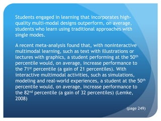 Students engaged in learning that incorporates high-
quality multi-modal designs outperform, on average,
students who learn using traditional approaches with
single modes.

A recent meta-analysis found that, with noninteractive
multimodal learning, such as text with illustrations or
lectures with graphics, a student performing at the 50th
percentile would, on average, increase performance to
the 71st percentile (a gain of 21 percentiles). With
interactive multimodal activities, such as simulations,
modeling and real-world experiences, a student at the 50th
percentile would, on average, increase performance to
the 82nd percentile (a gain of 32 percentiles) (Lemke,
2008)
                                                 (page 249)
 