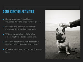CORE IDEATION ACTIVITIES
▸ Group sharing of initial ideas
developed during the previous phases.
▸ Ideation and concept reﬁnement
through critical and rational lens.
▸ Written descriptions of the idea
emerging from ideation sessions.
▸ Idea / concept review and selection
against clear objectives and criteria.
▸ Concept sketching to communicate the
idea.
 