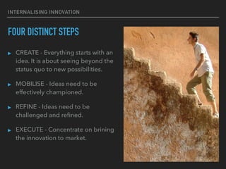 INTERNALISING INNOVATION
FOUR DISTINCT STEPS
▸ CREATE - Everything starts with an
idea. It is about seeing beyond the
status quo to new possibilities.
▸ MOBILISE - Ideas need to be
effectively championed.
▸ REFINE - Ideas need to be
challenged and reﬁned.
▸ EXECUTE - Concentrate on brining
the innovation to market.
 