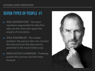 INTERNALISING INNOVATION
SEVEN TYPES OF PEOPLE #1
▸ IDEA GENERATORS - The team
members responsible for that ﬁrst
idea are the ones who spark the
engine of innovation.
▸ IDEA ASSEMBLER - The master
tactician, the person who can connect
the dots and see the idea and its
potential in the most holistic way.
▸ INNOVATION CHAMPION - Tirelessly
pushes the process and the team
forward.
 