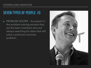 INTERNALISING INNOVATION
SEVEN TYPES OF PEOPLE #3
▸ PROBLEM SOLVER - As experts in
the problem solving process they
are the team members who are
always searching for ideas that will
solve a particular business
problem.
 