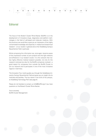 4
Campus Im Neuenheimer Feld (INF)
This brochure will guide you through the Heidelberg Technology Park and through interna-
tionally renowned education and research facilities.
Heidelberg Technology Park
Heidelberg University: Faculty of
Bioscience
Heidelberg University: Faculty of
Medicine
Otto-Meyerhoff-Center (OMZ)
Heidelberg University Hospital
National Center forTumor Diseases (NCT)
Heidelberg Ion-Beam Therapy Center (HIT)
Children’sHospital
German Cancer Research Center (DKFZ) /
Heidelberg Institute for Stem Cell
Technology and Experimental Medicine
(HI-STEM)
Heidelberg University Hospital,
Heidelberg University Hospital,
Max Planck Institute for Medical
Research (MPImF)
2
3
4
5
7
8
9 12
13
6
10
1 11
2
3
3
4
5
5
6
8
9
10
12
13
«
«
«
«
«
«
1
11
7
Center for Molecular Biology of
Heidelberg University (ZMBH)
Institute of Pathology
Institute of Surgery
Heidelberg
TP
Faculty of
Biosciences
Faculty
of Medicine
Heidelberg
OMZ
Hospital
NCT
HIT
Children’s
Hospital
DKFZ
HI-STEM
ZMBH
Pathology
Surgery
MPImF
 