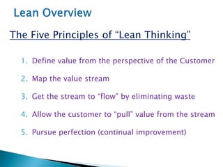 The Five Principles of “Lean Thinking”
1. Define value from the perspective of the Customer
2. Map the value stream
3. Get the stream to “flow” by eliminating waste
4. Allow the customer to “pull” value from the stream
5. Pursue perfection (continual improvement)
 