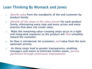 1. Specify value from the standpoint of the end customer by
product family.
2. Identify all the steps in the value stream for each product
family, eliminating every step and every action and every
practice that does not create value.
3. Make the remaining value-creating steps occur in a tight
and integrated sequence so the product will flow smoothly
toward the customer.
4. As flow is introduced, let customers pull value from the next
upstream activity.
5. As these steps lead to greater transparency, enabling
managers and teams to eliminate further waste, pursue
perfection through continuous improvement.
 