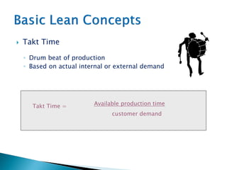  Takt Time
◦ Drum beat of production
◦ Based on actual internal or external demand
Available production time
customer demand
Takt Time =
 