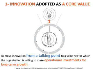 1- INNOVATION ADOPTED AS A CORE VALUE


                                                        1




To move innovation from a talking point to a value set for which
the organization is willing to make operational investments for
long-term growth.
          Source: http://www.core77designawards.com/wp-content/uploads/2011/07/Strategy-Student-e401-a.pdf
 