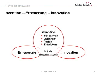 1. Was ist Innovation

Invention – Erneuerung – Innovation




                         Invention
                            Beobachten
                            „Spinnen“
                            Testen
                            Entwickeln


          Erneuerung        Märkte               Innovation
                        (extern / intern)




                         © Herwig Friedag 2012                12
 