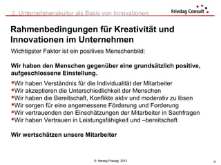 2. Unternehmenskultur als Basis von Innovationen

Rahmenbedingungen für Kreativität und
Innovationen im Unternehmen
Wichtigster Faktor ist ein positives Menschenbild:

Wir haben den Menschen gegenüber eine grundsätzlich positive,
aufgeschlossene Einstellung.
Wir haben Verständnis für die Individualität der Mitarbeiter
Wir akzeptieren die Unterschiedlichkeit der Menschen
Wir haben die Bereitschaft, Konflikte aktiv und moderativ zu lösen
Wir sorgen für eine angemessene Förderung und Forderung
Wir vertrauenden den Einschätzungen der Mitarbeiter in Sachfragen
Wir haben Vertrauen in Leistungsfähigkeit und –bereitschaft

Wir wertschätzen unsere Mitarbeiter



                              © Herwig Friedag 2012                   27
 