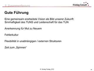 5. Zusammenfassung

Gute Führung
Eine gemeinsam erarbeitete Vision als Bild unserer Zukunft:
Sinnhaftigkeit des TUNS und Leidenschaft für das TUN

Anerkennung für Mut zu Neuem

Fehlerkultur

Flexibilität in unabhängigen / externen Strukturen

Zeit zum „Spinnen“




                               © Herwig Friedag 2012          64
 