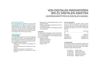 5
WER STECKT DAHINTER?
Wer sind eigentlich die Menschen, die bei vollem
(unternehmerischen) Risiko und persönlicher Ge-
staltungsfreiheit den Digitalen Wandel stemmen
werden? Wie denken Sie über Innovationen, Digita-
lisierung und die Auswirkungen des Digitalen Wan-
dels? Diesen Fragen wollen wir mit einer Unterneh-
mertypologie einen Schritt näher kommen.
VORGEHENSWEISE
1.Die Kernfragen.
In der Analyse der Ergebnisse wurden die folgenden
Kernfragen identifiziert, um das Meinungsbild der
österreichischen Unternehmer hinsichtlich Innova-
tion und Digitalisierung sowie die aktuelle betriebli-
che Vorgehensweise abzubilden:
•	Bedeutung von Innovation für das eigene Un-
ternehmen
•	Auseinandersetzung mit Innovation im Unter-
nehmen
•	 Umgang mit Innovation im Unternehmen
•	Ressourceneinsatz für Innovation im Unter-
nehmen
•	Bedeutung der Auseinandersetzung mit dem
Digitalen Wandel
•	 Bedeutung des Digitalen Wandels für den wirt-
schaftlichen Erfolg
•	 Auseinandersetzung mit dem Digitalen Wandel
im Unternehmen
2.Die Typen.
Auf Basis dieser Kernfragen wurden die Unterneh-
mer in fünf Typen eingeteilt, die sich hinsichtlich ih-
rer Innovationsfähigkeit und ihres Digitalisierungs-
grades unterscheiden:
•	 Digitaler Innovator
•	 Adaptiver Übernehmer
•	 Defensiver Anwender
•	 Passiv Ausharrender
•	 Digitaler Asket
3.Das Punktesystem.
Für die Antworten der einzelnen Fragen wurden
Punkte von 0 bis 100 vergeben, wobei 0 jeweils ein
minimales Ausmaß an Innovationsfreudigkeit bzw.
Digitalisierung impliziert und 100 ein maximales
Ausmaß.
4.Die Zuordnung.
Anschließend wurde jeder Befragte, abhängig von
der durchschnittlichen Anzahl an Punkten, einem
dieser fünf Typen zugeordnet. Dabei wurde folgen-
des Bewertungsschema angewandt:
	 0-19 Punkte: 	 Digitaler Asket
	 20-39 Punkte: 	 Passiv Ausharrender
	 40-59 Punkte: 	 Defensiver Anwender
	 60-79 Punkte: 	 Adaptiver Übernehmer
	 80-100 Punkte: 	 Digitaler Innovator
VON DIGITALEN INNOVATOREN
BIS ZU DIGITALEN ASKETEN
UNTERNEHMERTYPEN IM DIGITALEN WANDEL
Maximale
Innovations-
freudigkeit bzw.
Digitalisierung
Minimale
Innovations-
freudigkeit bzw.
Digitalisierung
0 Punkte  100 Punkte
 