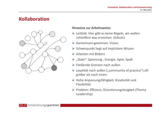 Innovation, Kollaboration und Gamestorming
                                                                       17. Mai 2011



Kollaboration
                Hinweise zur Arbeitsweise:
                  Leitbild: Hier gibt es keine Regeln, wir wollen
                  schließlich was erreichen. (Edison)
                  Gemeinsam gewinnen: Vision
                  Schwerpunkt liegt auf implizitem Wissen
                  Arbeiten mit Bildern
                  „State“: Spannung , Energie, Spiel, Spaß
                  Fließende Grenzen nach außen
                  Loyalität nach außen („community of practice“) oft
                  größer als nach innen.
                  Hohe Anpassungsfähigkeit, Kreativität und
                  Flexibilität
                  Problem: Effizienz, Orientierungslosigkeit (Thema
                  Leadership)
 