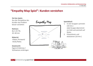 Innovation, Kollaboration und Gamestorming
                                                                      17. Mai 2011



“Empathy Map Spiel”: Kunden verstehen

Ziel des Spiels:
Aus der Perspektive des
Kunden das Problem        Empathy Map       Spielablauf:
                                            1. In vier Gruppen sammeln
besser verstehen
                                                (10 min.)
Rahmen:                                         Jede Gruppe übernimmt
Bis 5-25 TN;                                    ein Feld und sammelt auf
20 -60 min                                      Notes.
                                            2. Präsentieren und
Material:                                       diskutieren (10 min.)
-Plakat, Pinnwand
-Sticky Notes

Gewünscht:
Eigene Erlebnisse /
Sichtweisen einbringen
 