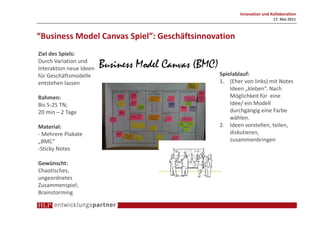 Innovation und Kollaboration
                                                                               17. Mai 2011



“Business Model Canvas Spiel”: Geschäftsinnovation
Ziel des Spiels:
Durch Variation und
Interaktion neue Ideen   Business Model Canvas (BMC)
für Geschäftsmodelle                                   Spielablauf:
entstehen lassen                                       1. (Eher von links) mit Notes
                                                           Ideen „kleben“. Nach
Rahmen:                                                    Möglichkeit für eine
Bis 5-25 TN;                                               Idee/ ein Modell
20 min – 2 Tage                                            durchgängig eine Farbe
                                                           wählen.
Material:                                              2. Ideen vorstellen, teilen,
- Mehrere Plakate                                          diskutieren,
„BMC“                                                      zusammenbringen
-Sticky Notes

Gewünscht:
Chaotisches,
ungeordnetes
Zusammenspiel;
Brainstorming
 