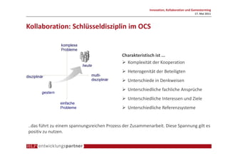 Innovation, Kollaboration und Gamestorming
                                                                                        17. Mai 2011



Kollaboration: Schlüsseldisziplin im OCS


                                             Charakteristisch ist ...
                                               Komplexität der Kooperation
                                                Heterogenität der Beteiligten
                                                Unterschiede in Denkweisen
                                                Unterschiedliche fachliche Ansprüche
                                                Unterschiedliche Interessen und Ziele
                                                Unterschiedliche Referenzsysteme


..das führt zu einem spannungsreichen Prozess der Zusammenarbeit. Diese Spannung gilt es
positiv zu nutzen.
 