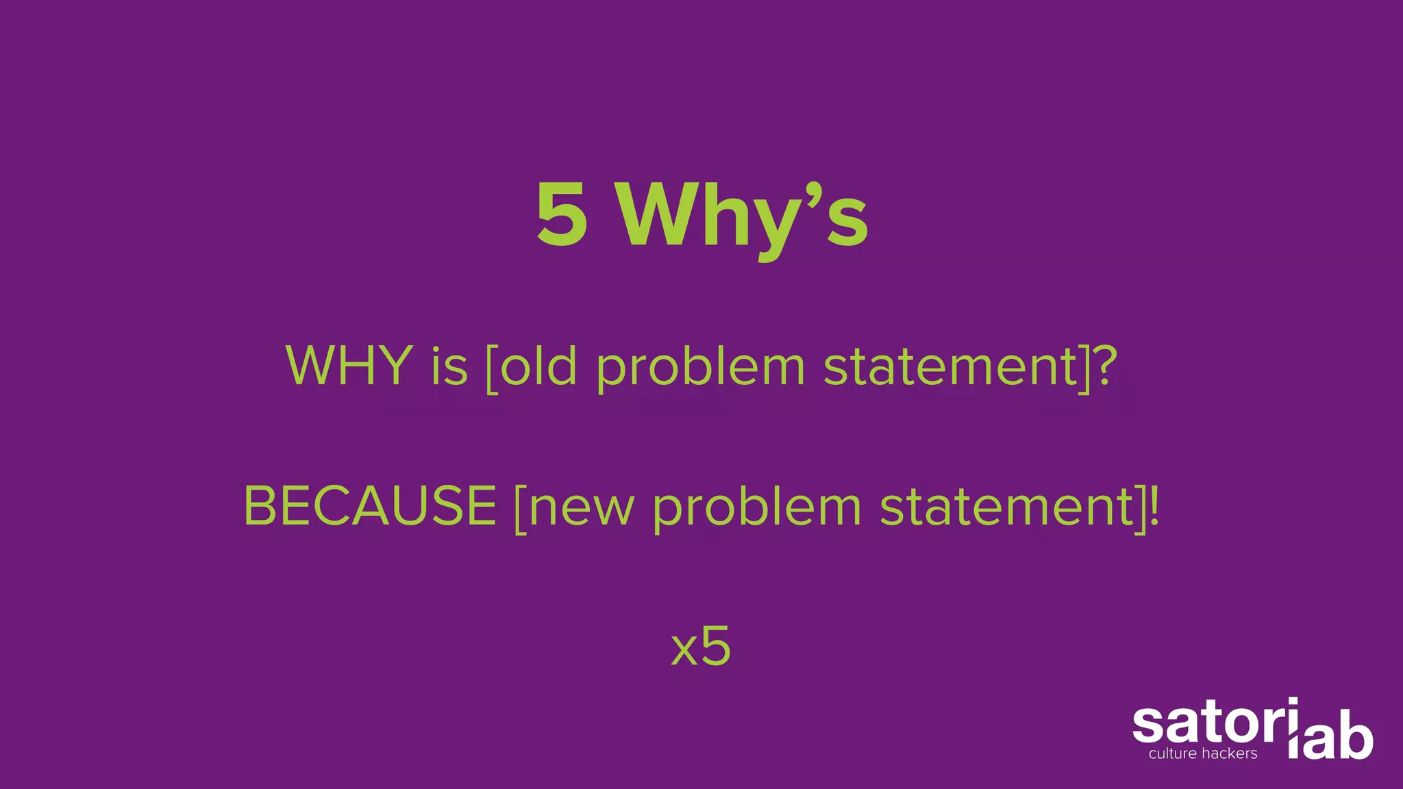 5 Why’s 
WHY is [old problem statement]? 
BECAUSE [new problem statement]! 
x5 
 