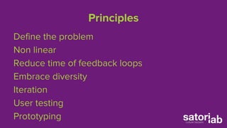 Principles 
Define the problem 
Non linear 
Reduce time of feedback loops 
Embrace diversity 
Iteration 
User testing 
Prototyping 
 
