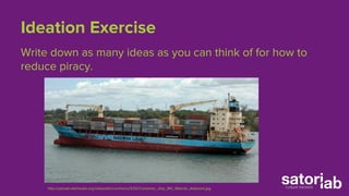 Ideation Exercise 
Write down as many ideas as you can think of for how to 
reduce piracy. 
http://upload.wikimedia.org/wikipedia/commons/5/52/Container_ship_MV_Maersk_Alabama.jpg 
 