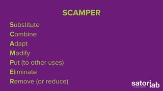 SCAMPER 
Substitute 
Combine 
Adapt 
Modify 
Put (to other uses) 
Eliminate 
Remove (or reduce) 
 