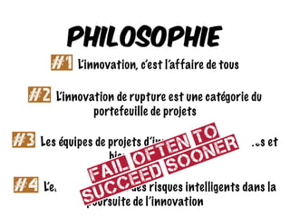 Philosophie
#1 L’innovation, c’est l’affaire de tous
#2 L’innovation de rupture est une catégorie du
portefeuille de projets
#3 Les équipes de projets d’innovation sont petites et
bien organisées
#4 L’entreprise prend des risques intelligents dans la
poursuite de l’innovation
Fail often to
succeed sooner
 
