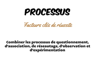 PROCESSUS
Facteurs clés de réussite
Combiner les processus de questionnement,
d’association, de réseautage, d’observation et
d’expérimentation
 