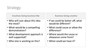 Strategy
Creatives being business-like

• Who will care about this idea
the most?
• What would be a compelling
demonstration?
• What development approach is
well supported?
• Who else is working on this?

Business being creative

• If we could be better off, what
would be different?
• What could cause or allow the
difference?
• Where would the cause or
allowance come from?
• When could we have it?

 
