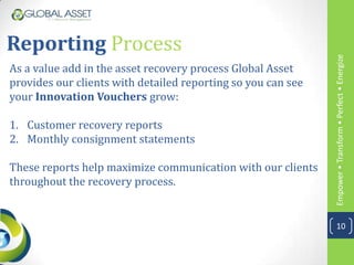 Reporting Process




                                                              Empower • Transform • Perfect • Energize
As a value add in the asset recovery process Global Asset
provides our clients with detailed reporting so you can see
your Innovation Vouchers grow:

1. Customer recovery reports
2. Monthly consignment statements

These reports help maximize communication with our clients
throughout the recovery process.


                                                                10
 