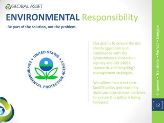 ENVIRONMENTAL Responsibility
Be part of the solution, not the problem.




                                                                             Empower • Transform • Perfect • Energize
                                            Our goal is to ensure the our
                                            clients operation is in
                                            compliance with the
                                            Environmental Protection
                                            Agency and ISO 14001
                                            standards and Recycling’s
                                            management strategies.

                                            We adhere to a strict zero
                                            landfill policy and routinely
                                            audit our downstream partners
                                            to ensure this policy is being
                                            followed.
                                                                               12
 