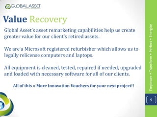 Value Recovery




                                                                     Empower • Transform • Perfect • Energize
Global Asset’s asset remarketing capabilities help us create
greater value for our client’s retired assets.

We are a Microsoft registered refurbisher which allows us to
legally relicense computers and laptops.

All equipment is cleaned, tested, repaired if needed, upgraded
and loaded with necessary software for all of our clients.

    All of this = More Innovation Vouchers for your next project!!


                                                                                 9
 