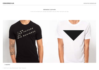 INNOVATION WAREHOUSE
© 2013 Sichi, Klaus Bravenboer, Peter Thomson
T-SHIRTS
BRANDED CLOTHING
T shirts are branded with sayings and graphic devices rather than with the logo.
 