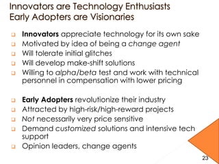  Innovators appreciate technology for its own sake
 Motivated by idea of being a change agent
 Will tolerate initial glitches
 Will develop make-shift solutions
 Willing to alpha/beta test and work with technical
personnel in compensation with lower pricing
 Early Adopters revolutionize their industry
 Attracted by high-risk/high-reward projects
 Not necessarily very price sensitive
 Demand customized solutions and intensive tech
support
 Opinion leaders, change agents
2323
 