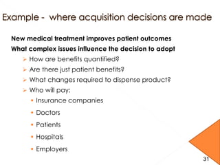 New medical treatment improves patient outcomes
What complex issues influence the decision to adopt
 How are benefits quantified?
 Are there just patient benefits?
 What changes required to dispense product?
 Who will pay:
 Insurance companies
 Doctors
 Patients
 Hospitals
 Employers
3131
 