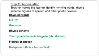 Step 11:Appreciation 
Teacher makes the learner identify rhyming words, rhyme 
scheme, figures of speech and other poetic devices 
Rhyming words 
Lie- fly 
Go- snow 
Rhyme scheme 
The rhyme scheme is irregular (ab cd ad ed) 
Figures of speech 
Metaphor- ‘Life is a barren field’ 
 