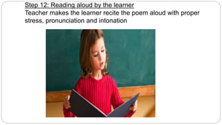 Step 12: Reading aloud by the learner 
Teacher makes the learner recite the poem aloud with proper 
stress, pronunciation and intonation 
 