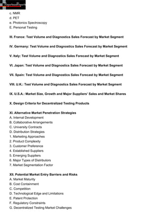 c. NMR
d. PET
e. Photonics Spectroscopy
E. Personal Testing


III. France: Test Volume and Diagnostics Sales Forecast by Market Segment


IV. Germany: Test Volume and Diagnostics Sales Forecast by Market Segment


V. Italy: Test Volume and Diagnostics Sales Forecast by Market Segment


VI. Japan: Test Volume and Diagnostics Sales Forecast by Market Segment


VII. Spain: Test Volume and Diagnostics Sales Forecast by Market Segment


VIII. U.K.: Test Volume and Diagnostics Sales Forecast by Market Segment


IX. U.S.A.: Market Size, Growth and Major Suppliers’ Sales and Market Shares


X. Design Criteria for Decentralized Testing Products


XI. Alternative Market Penetration Strategies
A. Internal Development
B. Collaborative Arrangements
C. University Contracts
D. Distribution Strategies
1. Marketing Approaches
2. Product Complexity
3. Customer Preference
4. Established Suppliers
5. Emerging Suppliers
6. Major Types of Distributors
7. Market Segmentation Factor


XII. Potential Market Entry Barriers and Risks
A. Market Maturity
B. Cost Containment
C. Competition
D. Technological Edge and Limitations
E. Patent Protection
F. Regulatory Constraints
G. Decentralized Testing Market Challenges
 