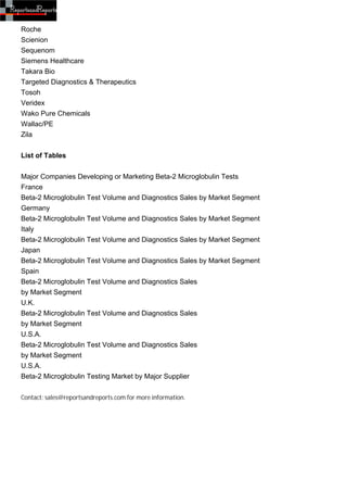 Roche
Scienion
Sequenom
Siemens Healthcare
Takara Bio
Targeted Diagnostics & Therapeutics
Tosoh
Veridex
Wako Pure Chemicals
Wallac/PE
Zila


List of Tables


Major Companies Developing or Marketing Beta-2 Microglobulin Tests
France
Beta-2 Microglobulin Test Volume and Diagnostics Sales by Market Segment
Germany
Beta-2 Microglobulin Test Volume and Diagnostics Sales by Market Segment
Italy
Beta-2 Microglobulin Test Volume and Diagnostics Sales by Market Segment
Japan
Beta-2 Microglobulin Test Volume and Diagnostics Sales by Market Segment
Spain
Beta-2 Microglobulin Test Volume and Diagnostics Sales
by Market Segment
U.K.
Beta-2 Microglobulin Test Volume and Diagnostics Sales
by Market Segment
U.S.A.
Beta-2 Microglobulin Test Volume and Diagnostics Sales
by Market Segment
U.S.A.
Beta-2 Microglobulin Testing Market by Major Supplier


Contact: sales@reportsandreports.com for more information.
 
