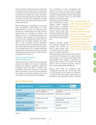 These new ways of conducting business are having      The complexities of order management will
an impact on how and where work is performed.         continue to increase. As new business models
In the future, more collaborative and virtual ways    emerge and services expand, CSPs must be flexible
of working will emerge that create new opera-         enough to respond quickly to deliver new product
tional efficiencies by reducing manually intensive    bundles for customers and do so with utmost
processes. This will help organizations achieve       efficiency. The ultimate goal is
greater levels of business performance by elimi-      to implement a fully automated
nating order fallout.                                 order management process.
                                                                                       The complexities of
                                                      However, typical implemen- order management will
We have developed a new approach to improving         tations result in numerous continue to increase.
order management, called OMaaS, or Order              manual steps and exceptions,
Management as a Service. This approach incor-         which are costly to the orga-
                                                                                       As new business
porates new methodologies that align business         nization. Fallout often leads models emerge and
requirements and emerging IT solutions and            to manual exception handling, services expand,
delivery models in an integrated solution that        thus negatively impacting the
streamlines and increases the effectiveness of        ROI of a new product introduc-
                                                                                       CSPs must be flexible
the entire order management process. With this        tion.                            enough to respond
approach, we are already providing our clients
with a more integrated customer experience            Changing business models
                                                                                       quickly to deliver new
across channels, as well as improved order negoti-    and increased complexity of product bundles for
ation and configuration and faster time-to-launch.    products and services can customers and do so
In sum, OMaaS meets CSPs’ variable investment         lead to higher fallout rates.
requirements, while delivering smarter and more       As business grows and order
                                                                                       with utmost efficiency.
automated business processes to support fallout       volume increases, the fallout
management (see Figure 2).                            volume typically increases, as well. CSPs must find
                                                      a way for order management to support higher
Future of Work Impact on                              order volumes (and revenue levels) without the
Order Management                                      corresponding linear growth in headcount to
CSPs are looking to streamline order management       support these volumes. At the same time, they
processes to support new ways of conducting           need to improve business outcomes, reducing
business that maximize operational agility and        both capital and operating expenditures.
profitability. CSPs must deliver a positive, well-
                                                      Meeting CSPs’ need for enhancing order
coordinated service for customers or risk losing
                                                      management processes will not be easy. Only
them to competitors. They must be both effective
                                                      so much progress can be made from operation-
and reliable in delivering excellent service and
                                                      al improvements that combine higher levels of
connectivity across all stages of the operation.
                                                      automation and knowledge workers. Although


Where OMaaS Helps

   BUSINESS ATTRIBUTE                  CURRENT STATE                FUTURE STATE

 Revenue                        Limited retention and cross-   Enhanced retention and cross-selling
                                selling capabilities           capabilities
 Customer experience            Manual, opaque, fragmented     Transparent, integrated
 across channels

 Flexibility                    Limited opportunity            Real-time order negotiation and
                                                               configuration
 Speed of product launch        9-12 months                    Faster time-to-launch

 Investment                     High                           Variable

 Business operations and        Manual, inefficient            Smart, automated
 fallout management

Figure 2



                       cognizant 20-20 insights       3
 